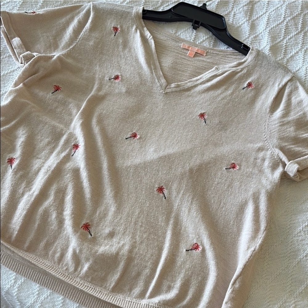 Lisa Todd Beige V-Neck with Coral Embroidery Large